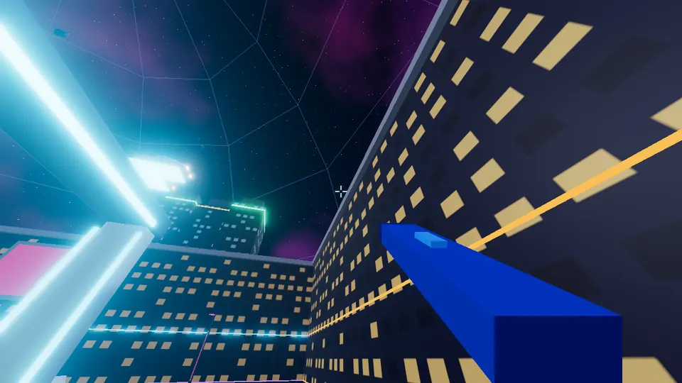 In-game view of the neon Moon City map in Moon Rangers FPS